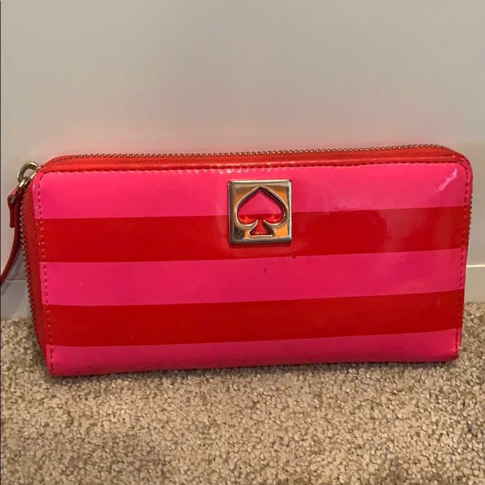 Red pink strip patent leather Kate Spade wallet
